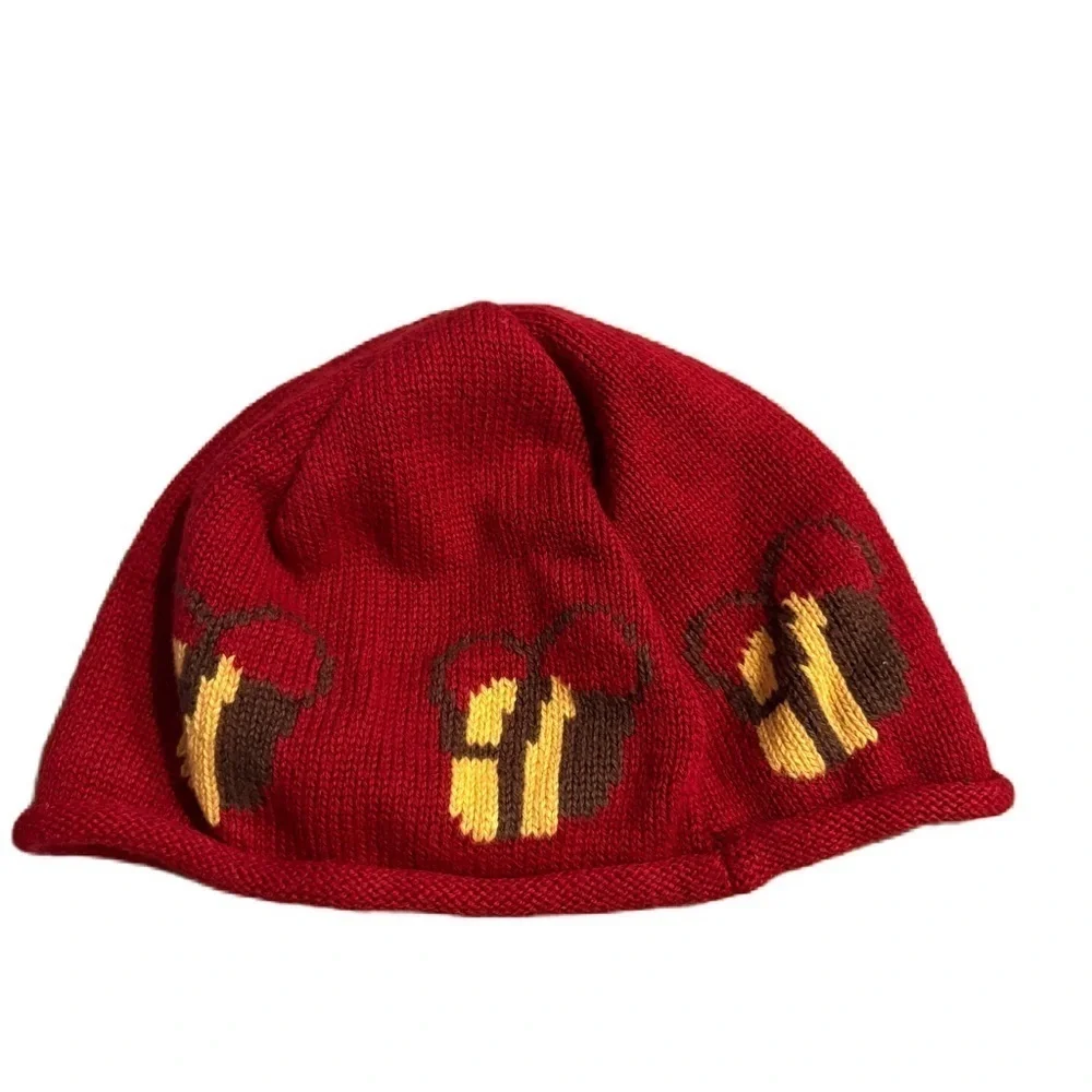 L.L. Bean Kids Red Knit Beanie with Bee Design Red Yellow